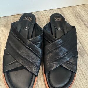 Sofft Black Leather Crisscross Slides